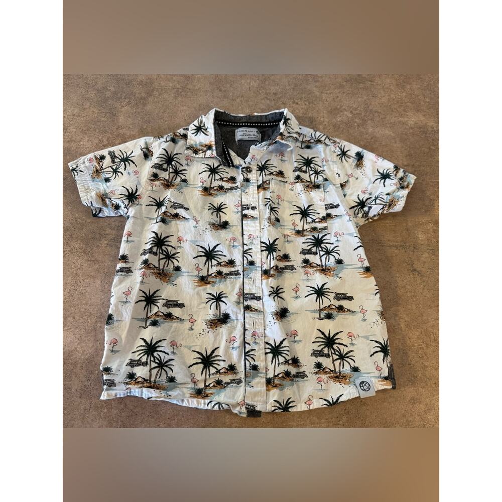 Free Planet Short-Sleeve White Tropical Palm & Flamingo Button-Down Shirt Boys 5